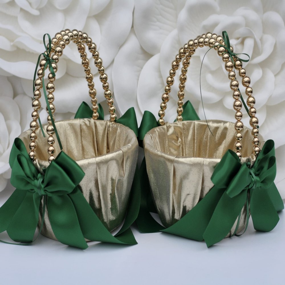 Two Flower Girl Basket ONLY, Wedding Baskets, Pearl Handle Baskets, Gold Basket