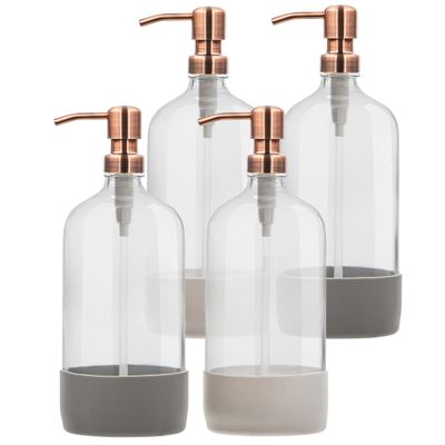 32 oz Glass Pump Bottle Rustproof Stainless Steel Pump, Funnel, and Lids. Modern Farmhouse Vintage Jar, Large Glass Shampoo Bottles with Pump and Laundry Soap Dispenser - Rose Gold