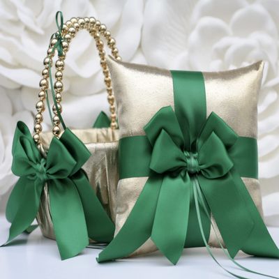 Flower Girl Basket and Ring Bearer Pillow Set in Gold and Emerald Green Color