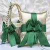 Flower Girl Basket and Ring Bearer Pillow Set in Gold and Emerald Green Color view 1