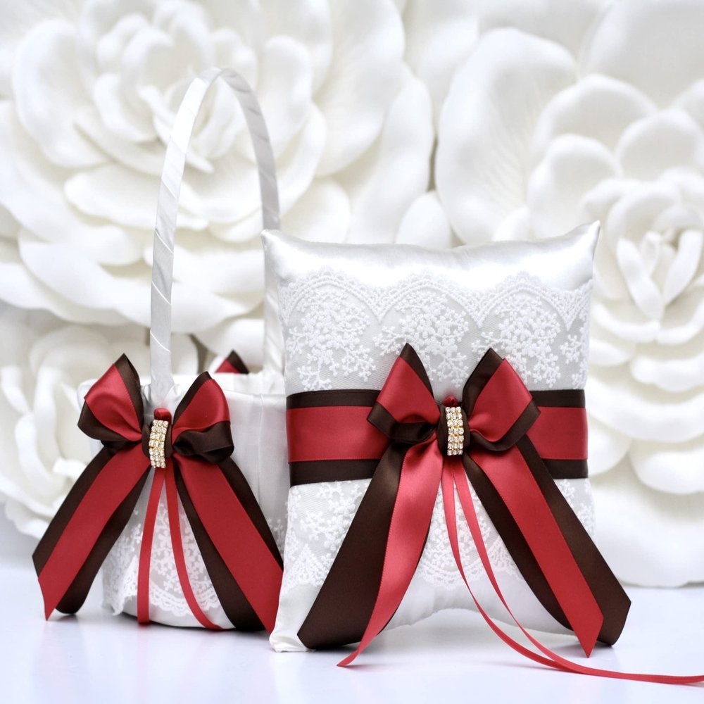 Flower Girl Basket and Ring Bearer Pillow Set in Red and Brown Color