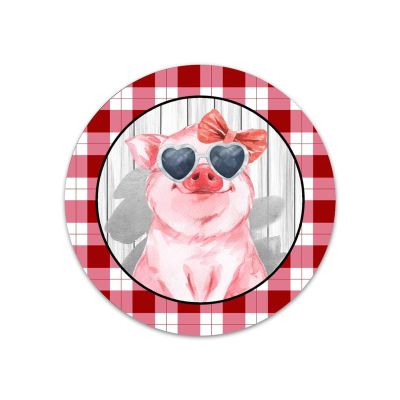 Pink Pig with Bow Tie Round Metal Sign Irish Decor Farmhouse Plaid Metal Wreath Signs Welcome Sign Metal Wall Art March 17 Home Decor for Living Room Porch Bedroom Housewarming Gift,9''