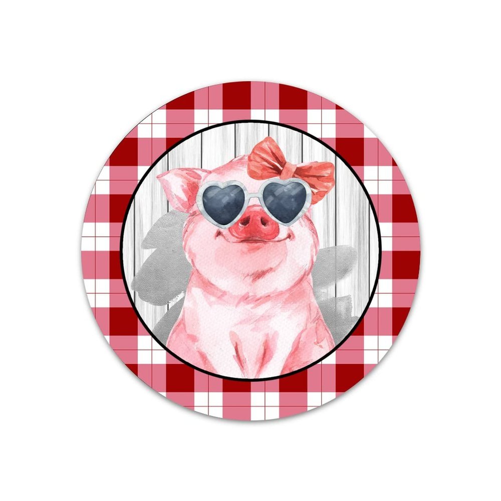 Pink Pig with Bow Tie Round Metal Sign Irish Decor Farmhouse Plaid Metal Wreath Signs Welcome Sign Metal Wall Art March 17 Home Decor for Living Room Porch Bedroom Housewarming Gift,9''