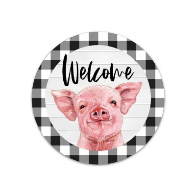 Funny Farm Pig Round Metal Sign Irish Decor Farmhouse Plaid Metal Wreath Signs Welcome Sign Metal Wall Art March 17 Home Decor for Living Room Porch Bedroom Housewarming Gift,9''