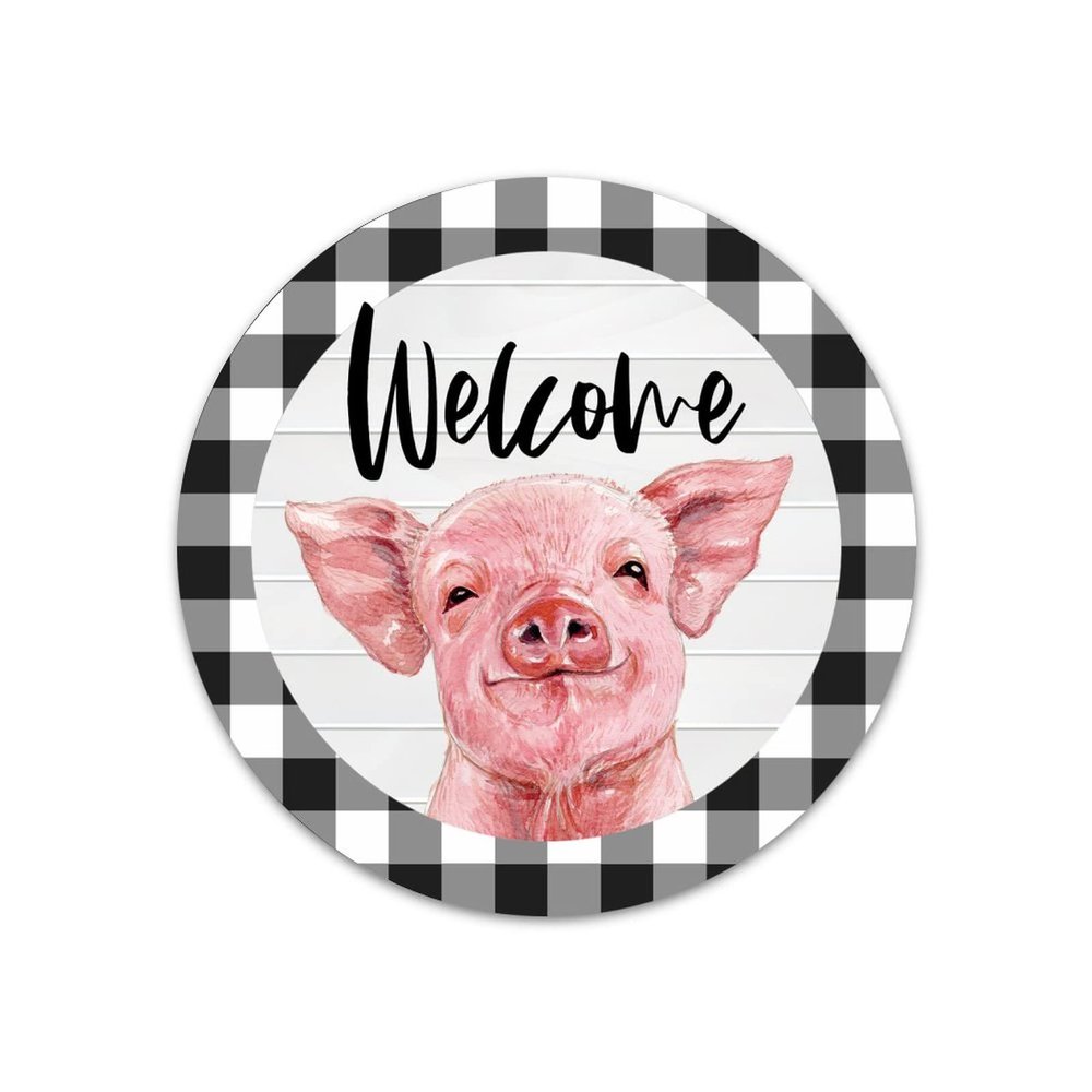 Funny Farm Pig Round Metal Sign Irish Decor Farmhouse Plaid Metal Wreath Signs Welcome Sign Metal Wall Art March 17 Home Decor for Living Room Porch Bedroom Housewarming Gift,9''