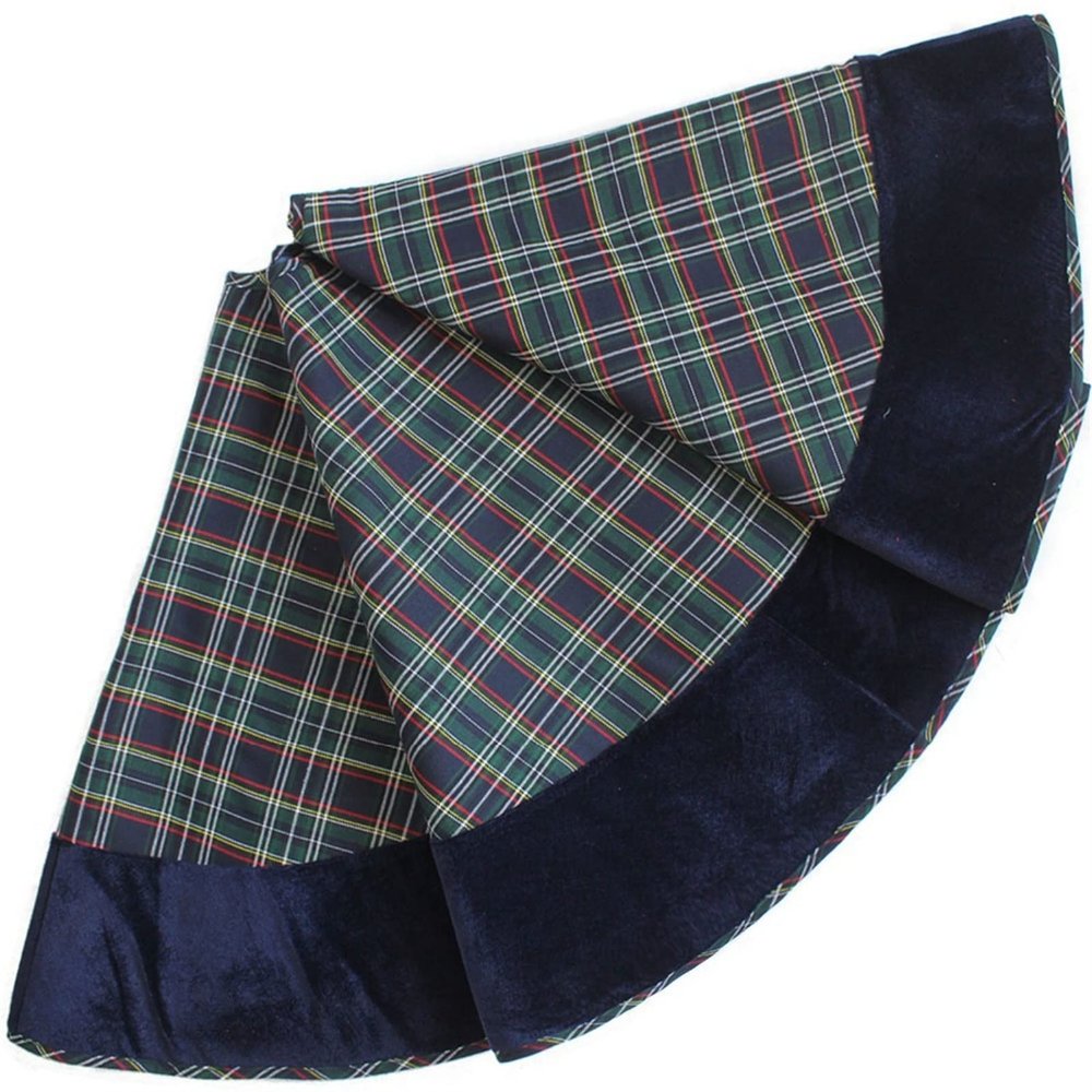 ZHENYANG CAREG Extra Large 50" Plaid Christmas Tree Skirt Velvet Border Blue