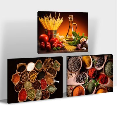 3 Piece Kitchen Wall Art, Kitchen Dining Room Foods Wall Art, Colorful Spices and Spoons Pictures Decor for Kitchen Dining Room, Modern Kitchen Pictures Canvas Wall Art Ready to Hang 20"x30"x3Pcs