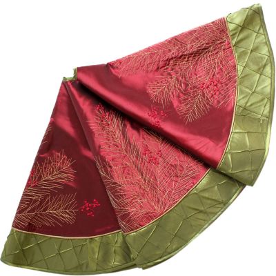 ZHENYANG CAREG 50" Christmas Decoration Berry Embroidered Deluxe Christmas Tree Skirt Patchwork Green Pintuck Border Burgundy P2798