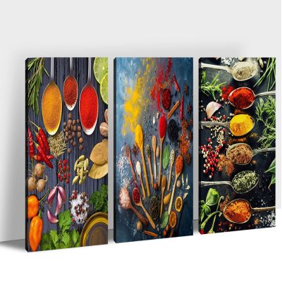 3-Piece Modern Kitchen Dining Room Wall Art - Multicolored Spice & Spoon Decor, 20"x30" Canvas, Ready to Hang