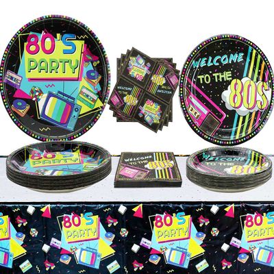 Hegbolke 80s Party Supplies - 61 Pcs Plates, Napkins, Tablecloth Set for Back to the 80s Party Decorations - Serves 20