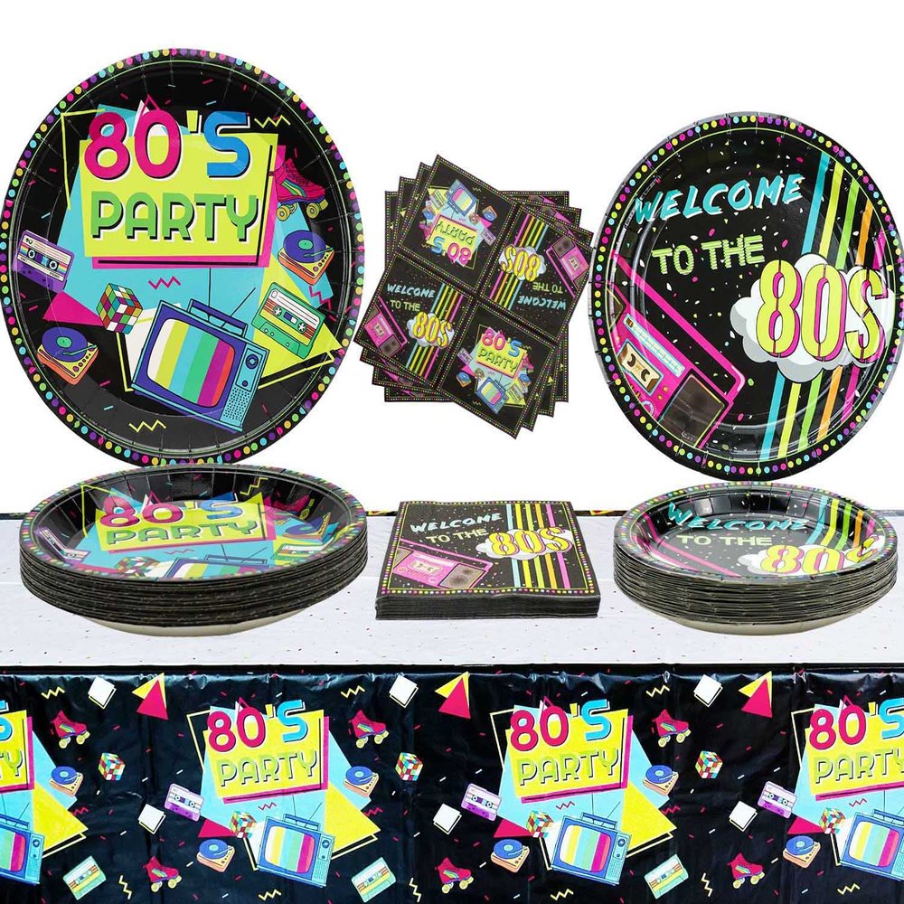 Hegbolke 80s Party Supplies - 61 Pcs Plates, Napkins, Tablecloth Set for Back to the 80s Party Decorations - Serves 20