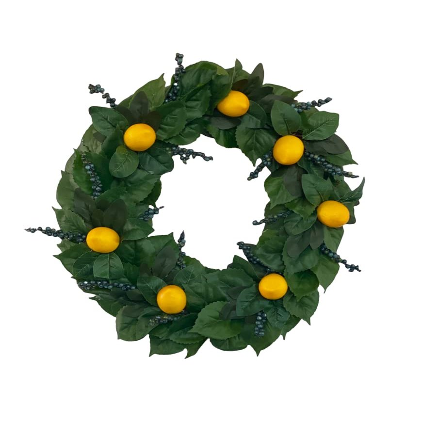 Artificial Lemon Wreath on Grapevine Base with Large Dark Green Leaves and Blue Accenting Berries- 22 Inches Wide