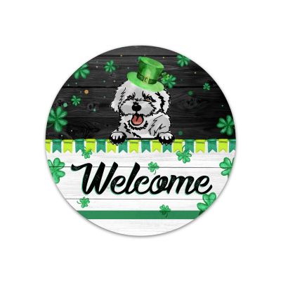 Bichon Frise Round Metal Sign Irish Decor Bichon Frise Metal Wreath Signs Welcome Sign Metal Wall Art March 17 Home Decor for Living Room Porch Bedroom Housewarming Gift,12''