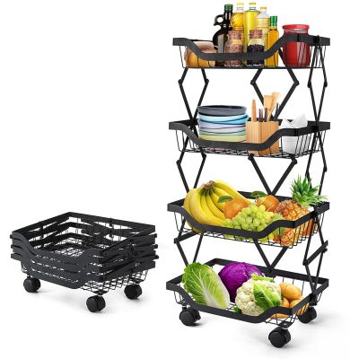 Baskets Rack Kitchen Pantry Storage Organizer Cart No Assembly Need 4 Tier Foldable Utility Metal Cart Collapsing Fruit Vegetable Baskets Cart with Wheels