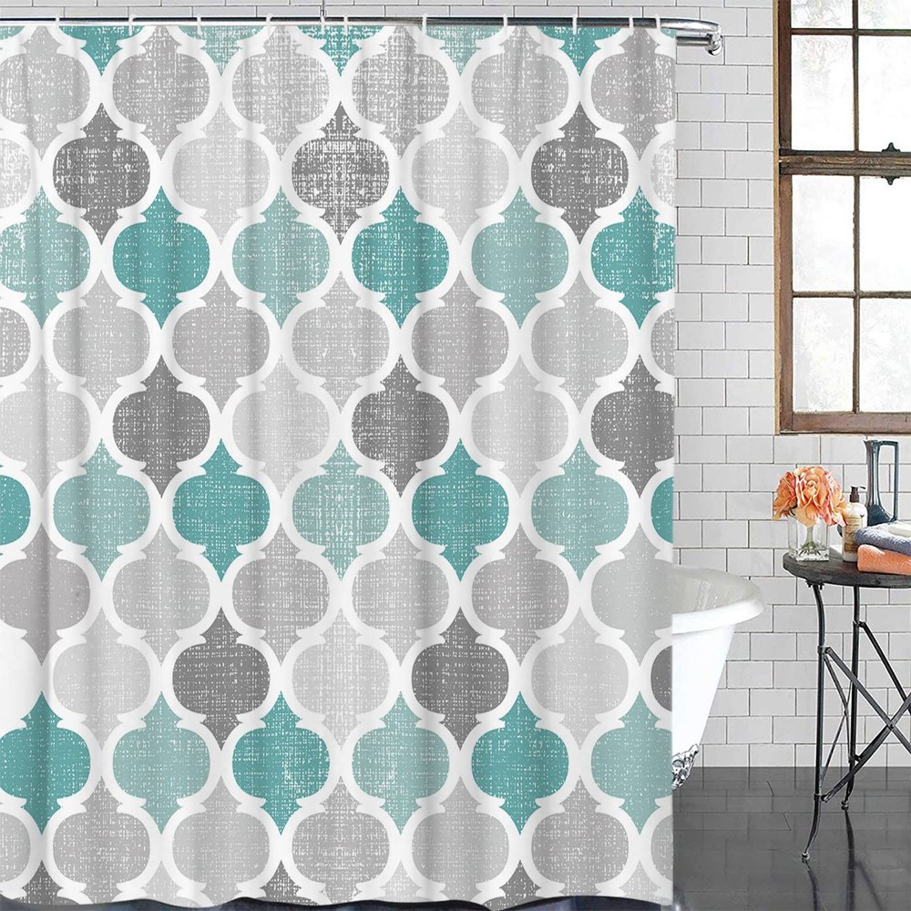 Shower Curtain 78 inches Long Geometric Morocco Quatrefoil Lattice Turquoise Grey Polyester Fabric Shower Curtain with Hooks,Waterpoof Shower Curtains for Bathroom Showers and Bathtubs 72" Wx78 L