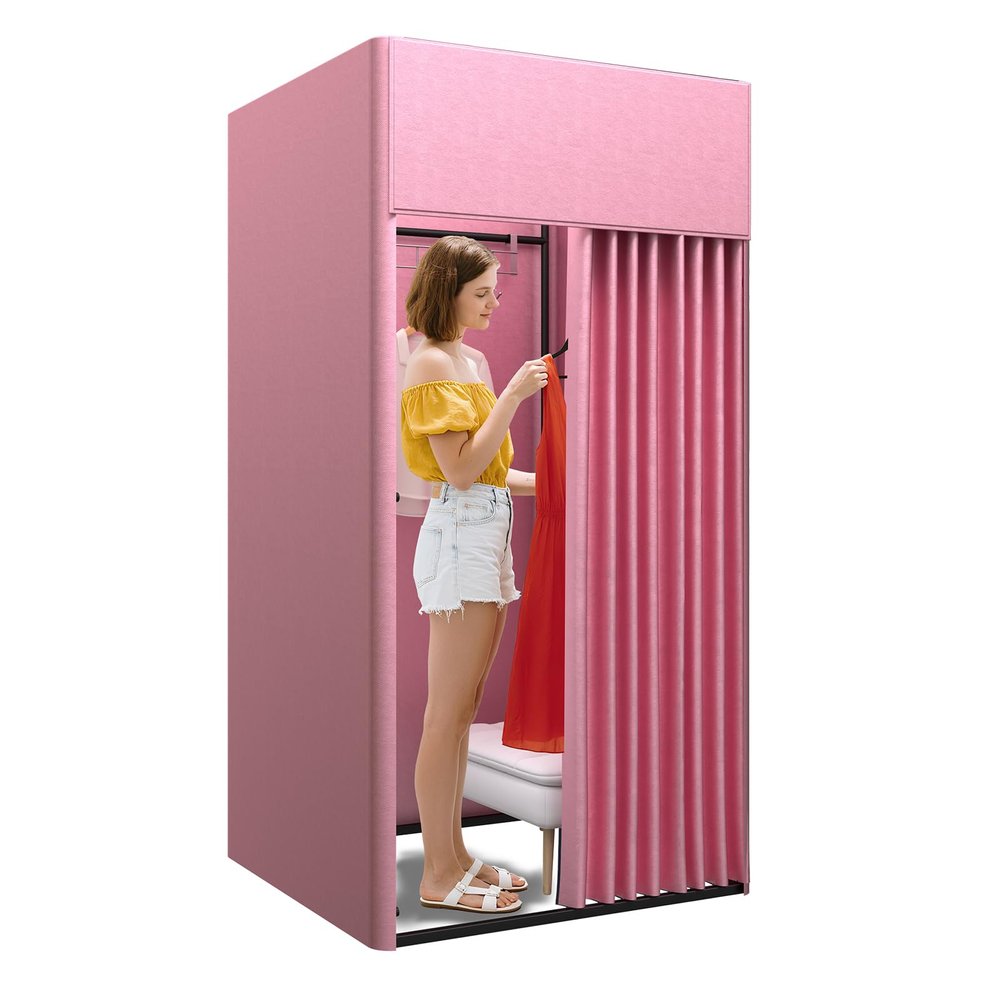 Clothing Store Fitting Room, Portable Dressing Room, Movable Changing Room for Boutique with Shading Fabric Cloth Privacy Curtains Screen for Bar Party Pool (Pink)