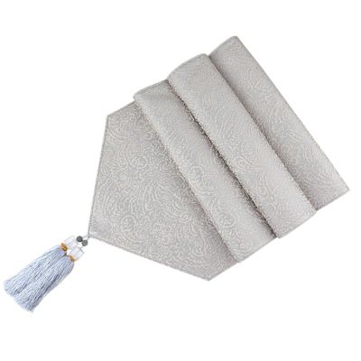 90 inch Coffee Table Runner, Light Gray Table Runner Cotton Tassel Jacquard Retro Pattern Elegant Dining Table Runner Home Decoration
