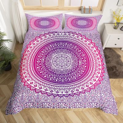 Purple Pink Mandala Bedding Set Twin Size for Kids Boys Bedroom,Hippie Mandala Bed Duvet Cover Set,Psychedelic Comforter Cover Art Bohemian Decor 2 Pieces 1 Duvet Cover with 1 Pillowcase No Comforter