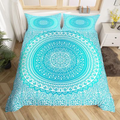 Castle Fairy Hippie Mandala Duvet Cover for Boys,Girls Teal Gradient Comforter Cover Full Size,Indian Hippie Bedding Set Kids Teen Room Decor Bed Cover,Chic Exotic Bedclothes with Zipper(No Comforter)