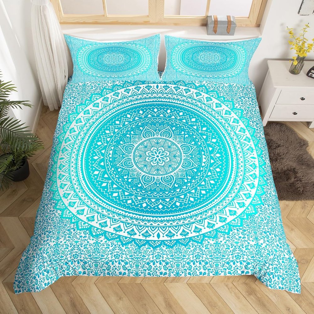 Castle Fairy Hippie Mandala Duvet Cover for Boys,Girls Teal Gradient Comforter Cover Full Size,Indian Hippie Bedding Set Kids Teen Room Decor Bed Cover,Chic Exotic Bedclothes with Zipper(No Comforter)