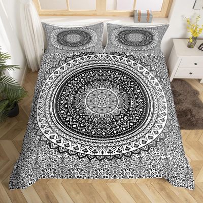 Black and White Mandala Bedding Set Twin Size for Kids Boys Bedroom,Hippie Mandala Bed Duvet Cover Set,Psychedelic Comforter Cover Art Bohemian Decor 2 Pcs 1 Duvet Cover with 1 Pillowcase No Comforter