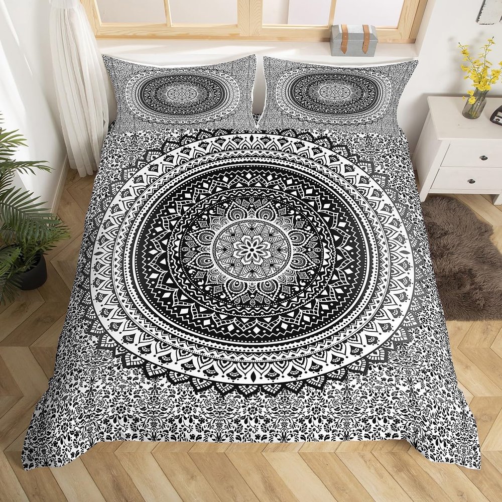Black and White Mandala Bedding Set Twin Size for Kids Boys Bedroom,Hippie Mandala Bed Duvet Cover Set,Psychedelic Comforter Cover Art Bohemian Decor 2 Pcs 1 Duvet Cover with 1 Pillowcase No Comforter