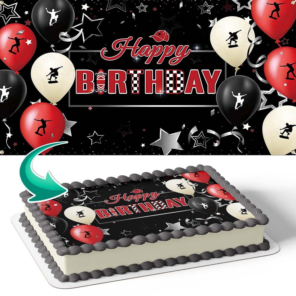 CAKECERY Skateboard Skateboarding Skate Edible Cake Image Topper Birthday Cake Banner 1/4 Sheet