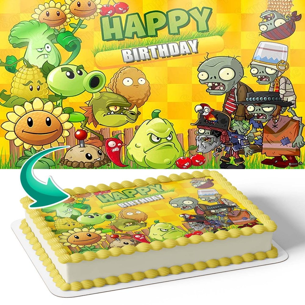 CAKECERY Plants Vs Zombies Kids Game Edible Cake Image Topper Birthday Cake Banner 1/4 Sheet