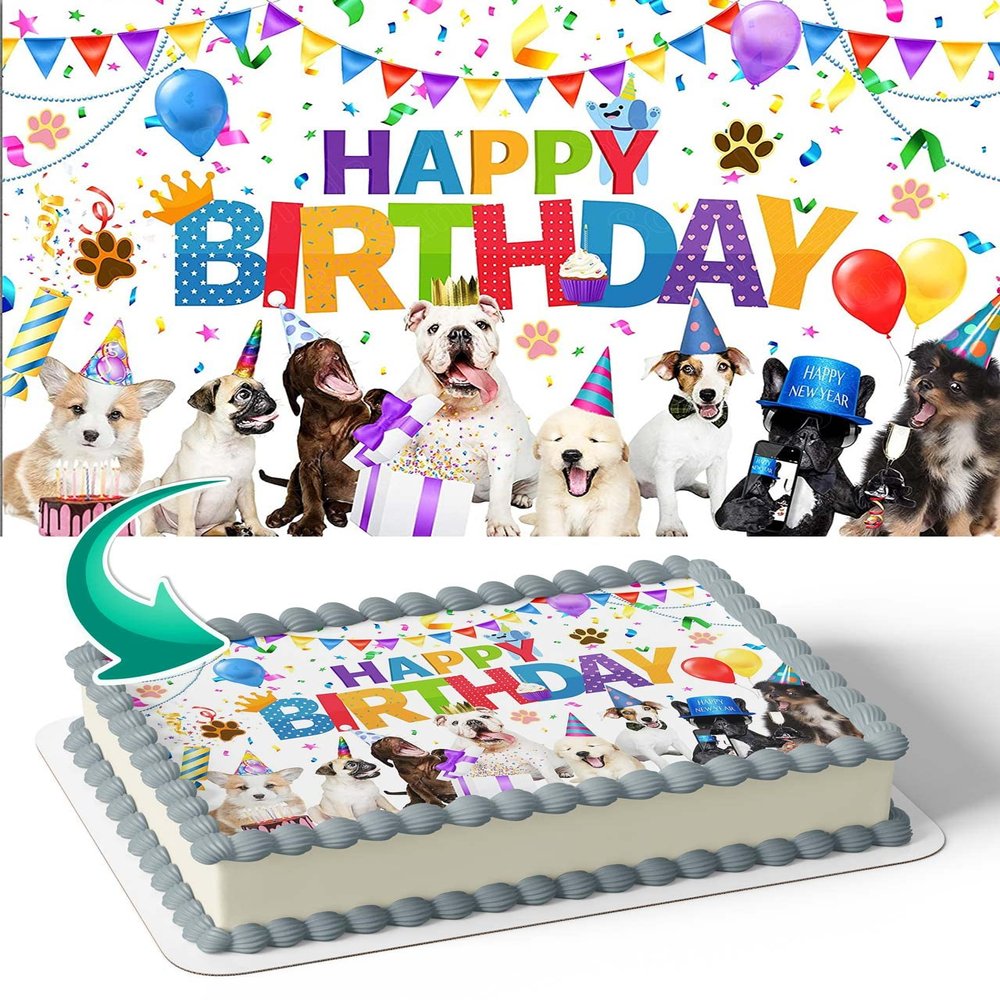 CAKECERY Dogs Duggy Pups Cute Puppy Edible Cake Image Topper Birthday Cake Banner 1/4 Sheet
