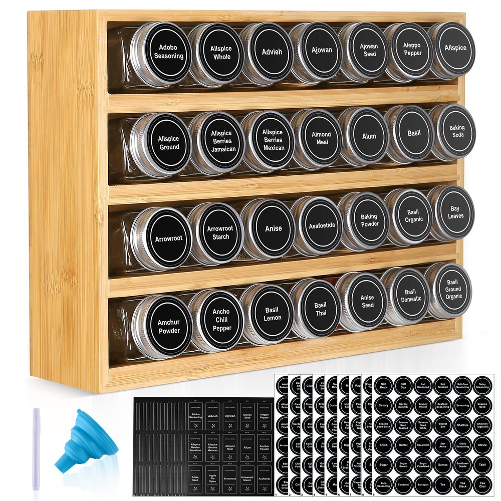 Bamboo Spice Rack Organizer With 28 Spice Jars, 780 Labels, 4 Tier Wood Hanging Shelf, Chalk Marker and Funnel Set for Drawer Cabinet Kitchen Countertop Wall Mount, Empty 4 oz Glass Jar & Shaker Lids