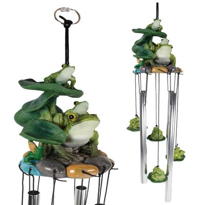 Ebros Gift Whimsical Summer Adventures Green Frog Mother with Babies Family Crouching On Lily Pads by Pond Resonant Tube Wind Chime Sculpture Outdoors Garden Lawn Patio Home Pool Deck Accent Decor
