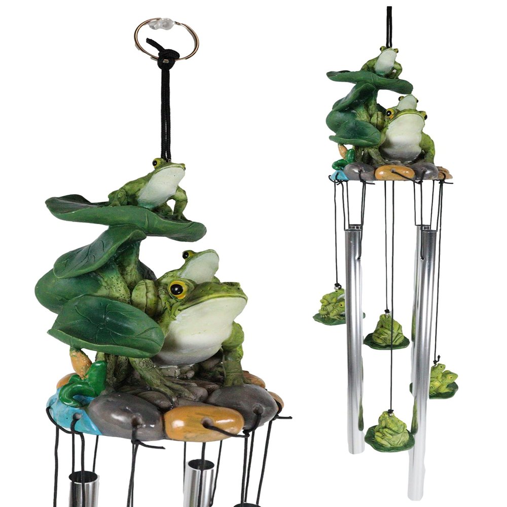 Ebros Gift Whimsical Summer Adventures Green Frog Mother with Babies Family Crouching On Lily Pads by Pond Resonant Tube Wind Chime Sculpture Outdoors Garden Lawn Patio Home Pool Deck Accent Decor