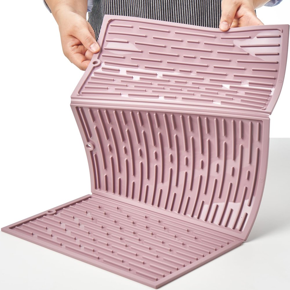 BTH 24" Extra Wide Foldable Dish Drying Mat for Kitchen Countertop, Made In Korea, Heat-resistant Premium Non-slip Silicone Mat, Large Dish Drainer Mat, Compact Folding Sink Liner Dishwasher Safe