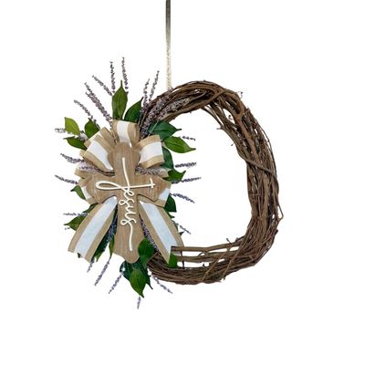 Handmade Wooden Cross Wreath with Accenting Artificial Green Leaves and Lavender Flowers- 22 Inches Wide