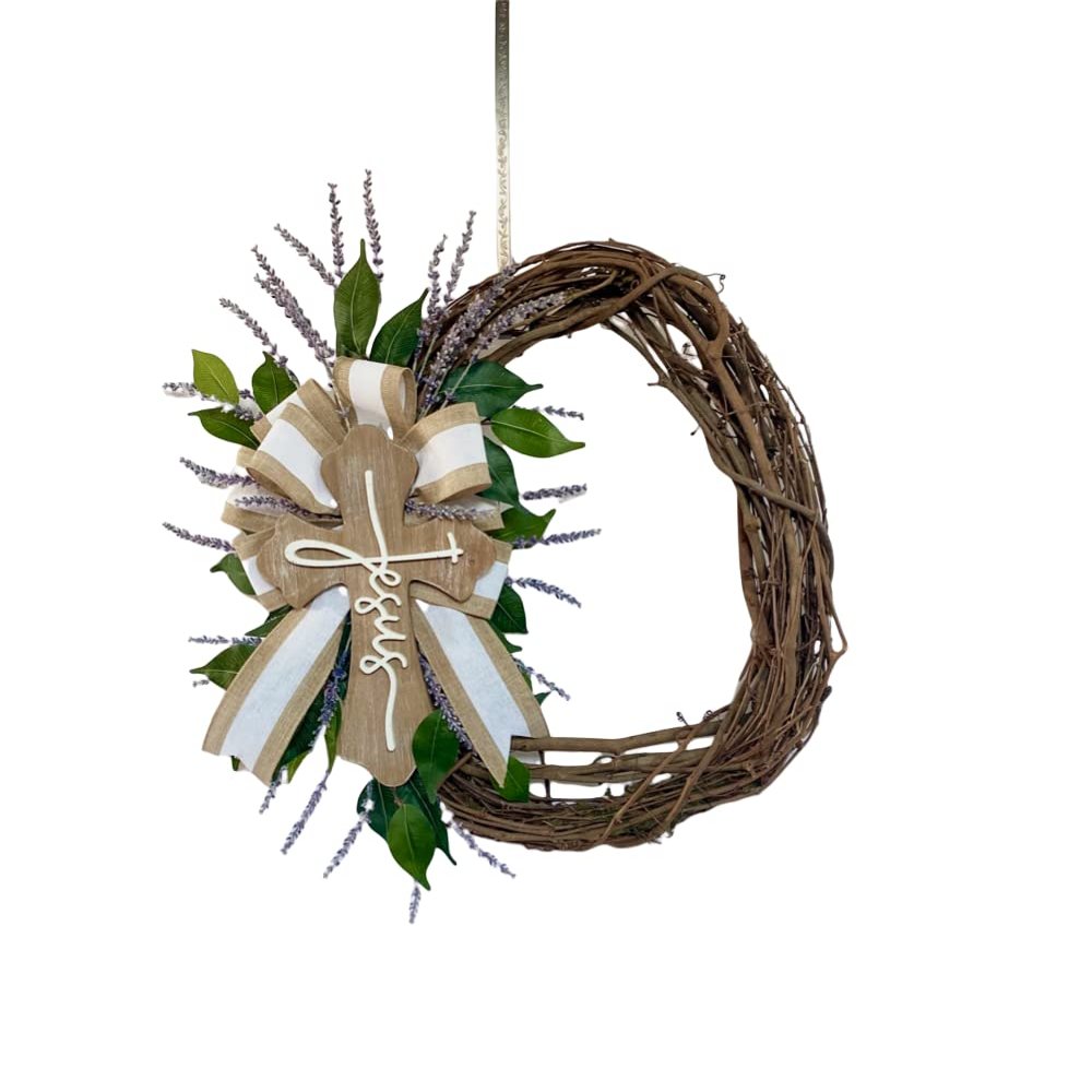 Handmade Wooden Cross Wreath with Accenting Artificial Green Leaves and Lavender Flowers- 22 Inches Wide