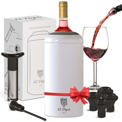 12 Degrs Wine Chiller Set - Perfect Wine Gifts for Women & Men - Stainless Steel Insulated Wine Cooler with Wine Pump, Aerator & 4 Stoppers (White Matte)