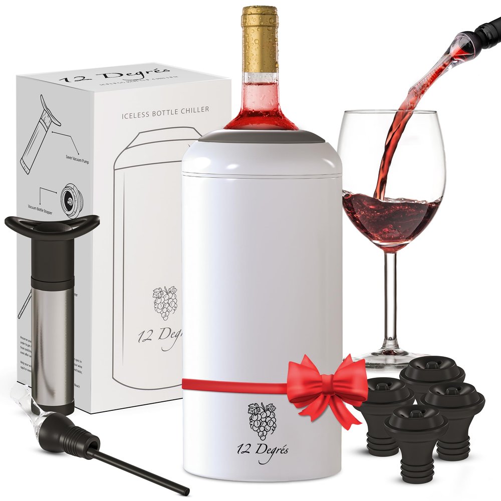 12 Degrs Wine Chiller Set - Perfect Wine Gifts for Women & Men - Stainless Steel Insulated Wine Cooler with Wine Pump, Aerator & 4 Stoppers (White Matte)