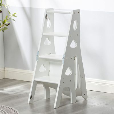 ZJYWMM 4 Step Ladder Chair Wooden White, Foldable Step Stool Non-Slip Compact Stepladder Stairs Chair Bookshelf |Plant Stand |Dinner Chairs for Office Household Kitchen