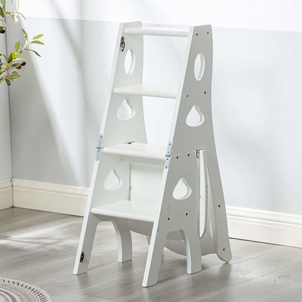 ZJYWMM 4 Step Ladder Chair Wooden White, Foldable Step Stool Non-Slip Compact Stepladder Stairs Chair Bookshelf |Plant Stand |Dinner Chairs for Office Household Kitchen