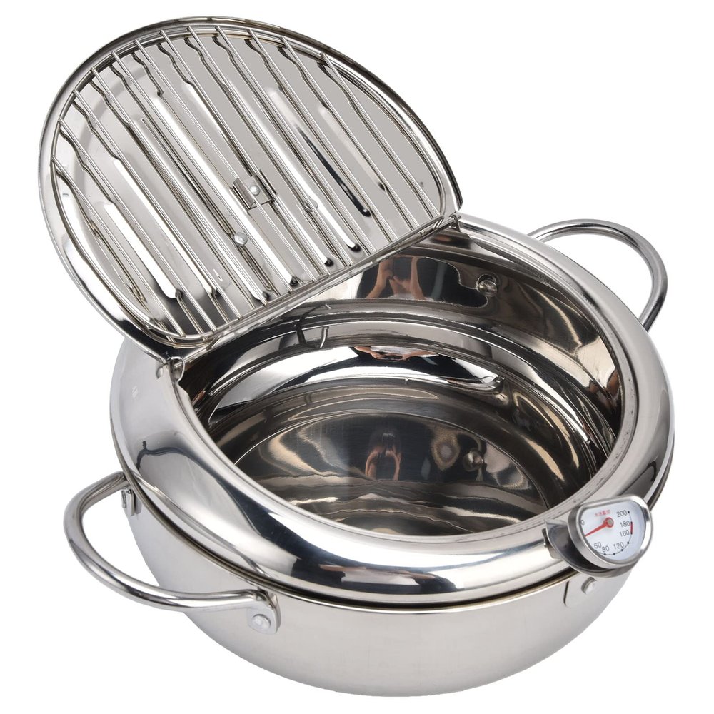 Stainless Steel Deep Fryer Pot, Alvinlite Frying Chicken Pot Deep Fryer Pot with Thermometer for Kitchen (24cm-true color)