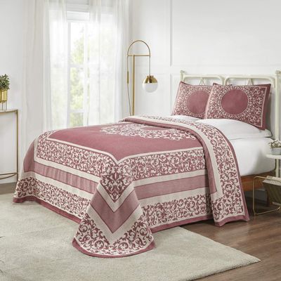 BLUENILEMILLS BNM Cotton Blend, Matching Pillow Shams, Light Weight Blanket, Floral Scroll Bedspread Set, Full, Berry Red
