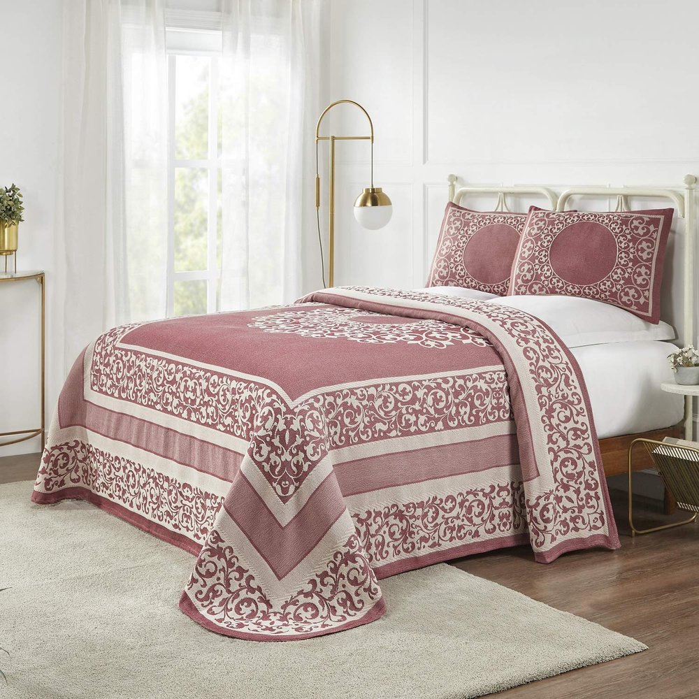 BLUENILEMILLS BNM Cotton Blend, Matching Pillow Shams, Light Weight Blanket, Floral Scroll Bedspread Set, Full, Berry Red