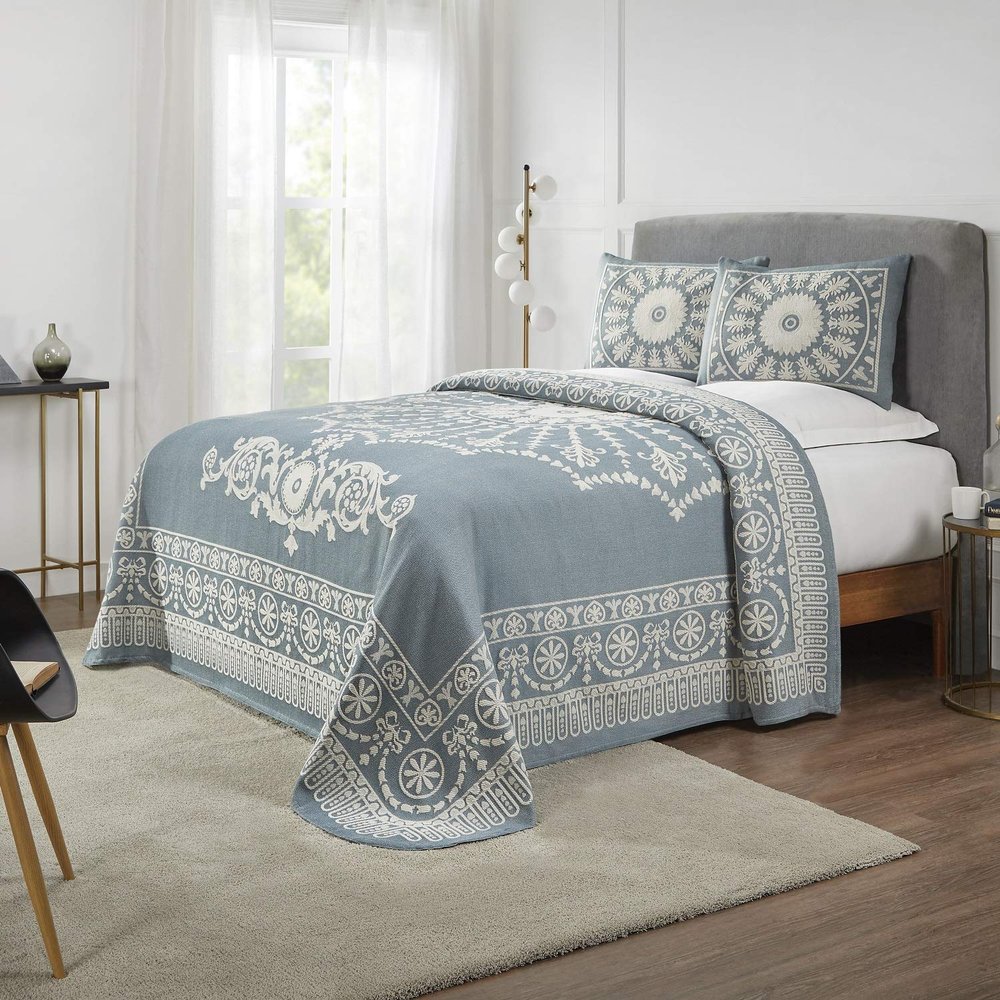 BLUENILEMILLS BNM Cotton Blend, Matching Pillow Shams, Light Weight Blanket, Classic Medallion Bedspread Set, Twin, Cerulean Blue