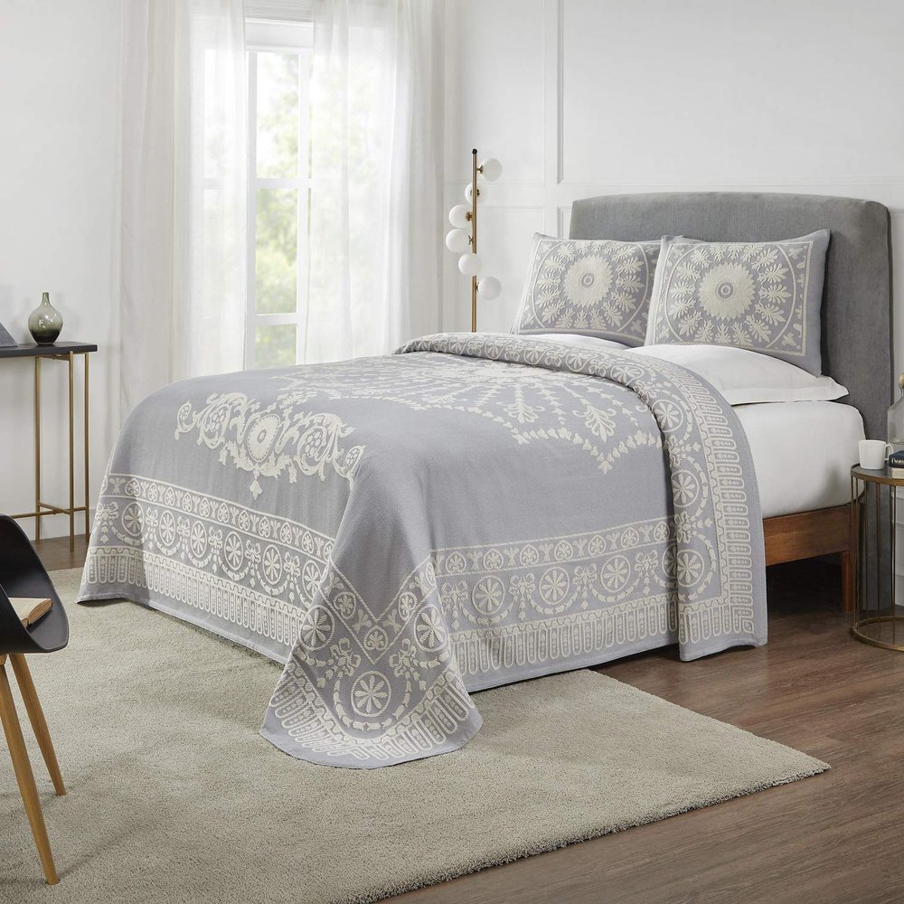 BLUENILEMILLS BNM Cotton Blend Matching Pillow Shams, Light Weight Blanket, Classic Medallion Bedspread Set, Full, Slate Blue
