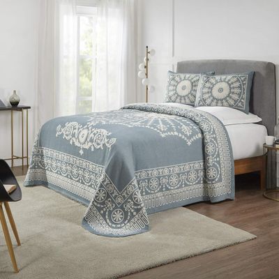 BLUENILEMILLS BNM Cotton Blend Matching Pillow Shams, Light Weight Blanket, Classic Medallion Bedspread Set, Full, Cerulean Blue