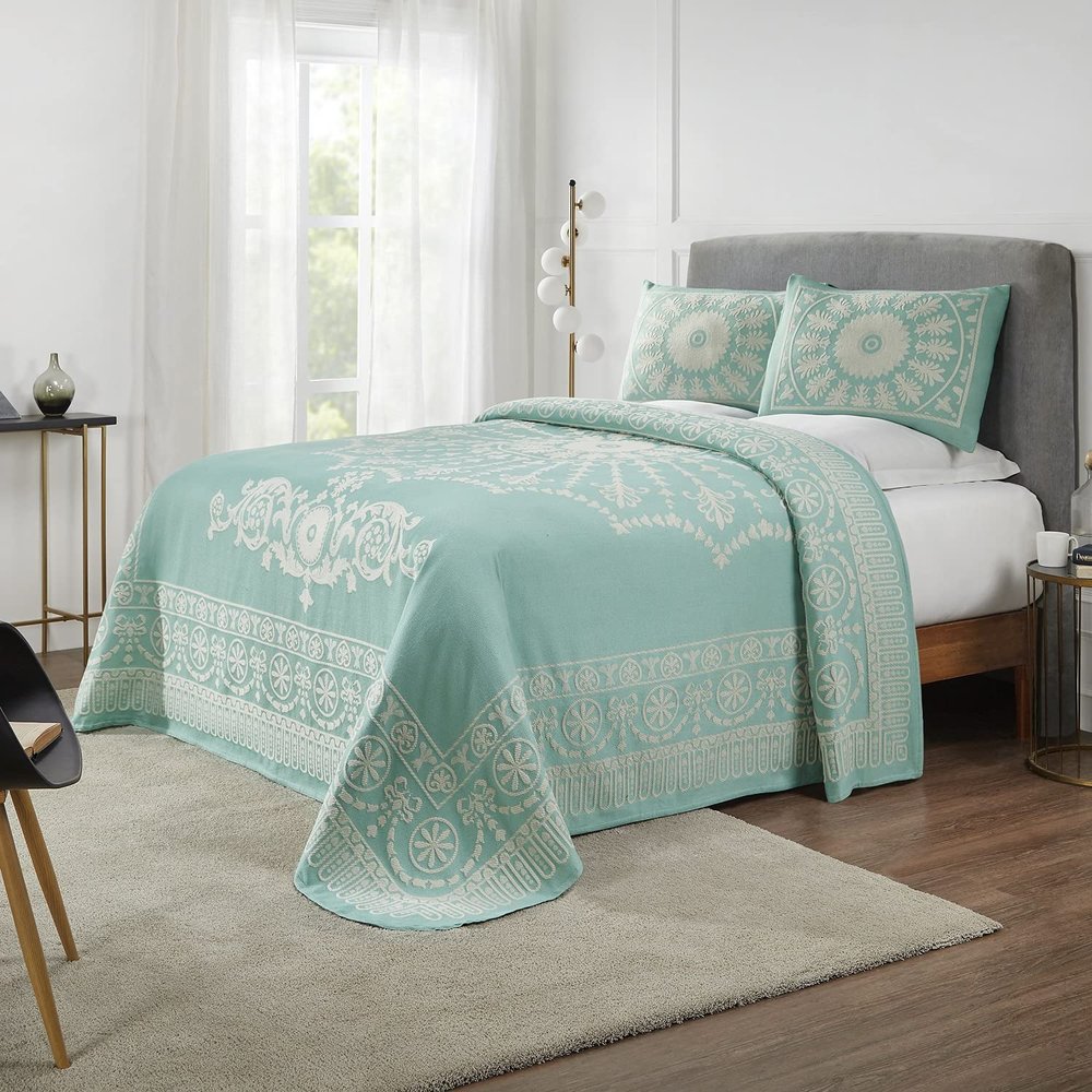 BLUENILEMILLS BNM Cotton Blend Matching Pillow Shams, Light Weight Blanket, Classic Medallion Bedspread Set, Queen, Turquoise