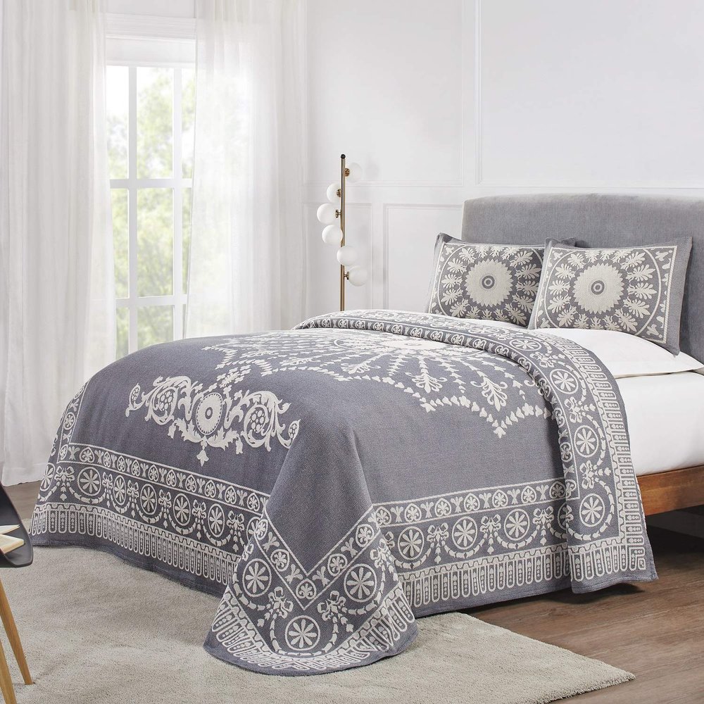 BLUENILEMILLS BNM Cotton Blend, Matching Pillow Shams, Light Weight Blanket, Classic Medallion Bedspread Set, Twin, Denim Blue