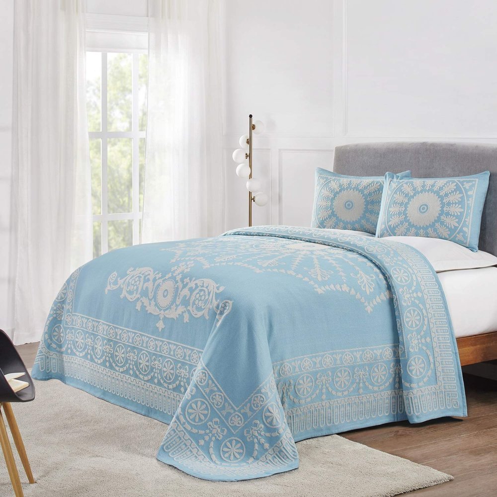 BLUENILEMILLS BNM Cotton Blend Matching Pillow Shams, Light Weight Blanket, Classic Medallion Bedspread Set, Twin, Aqua