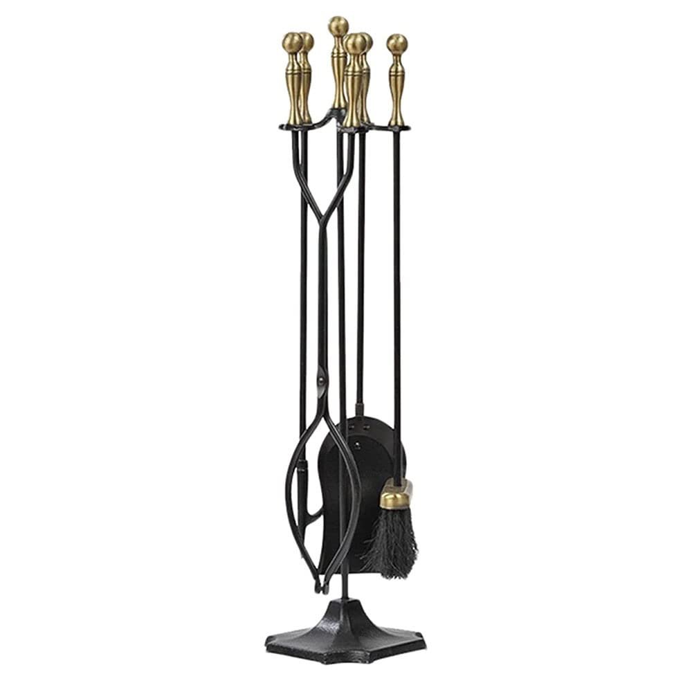 Fireplace Screen 5 PCS Fireplace Tools Set Wrought Iron Fire Place Accessories Tools Holder with Handles Tools for Indoor Fireplace Decor Outdoor Fire Pit Modern Tool Poker Tongs Shovel Brush Wood Sto
