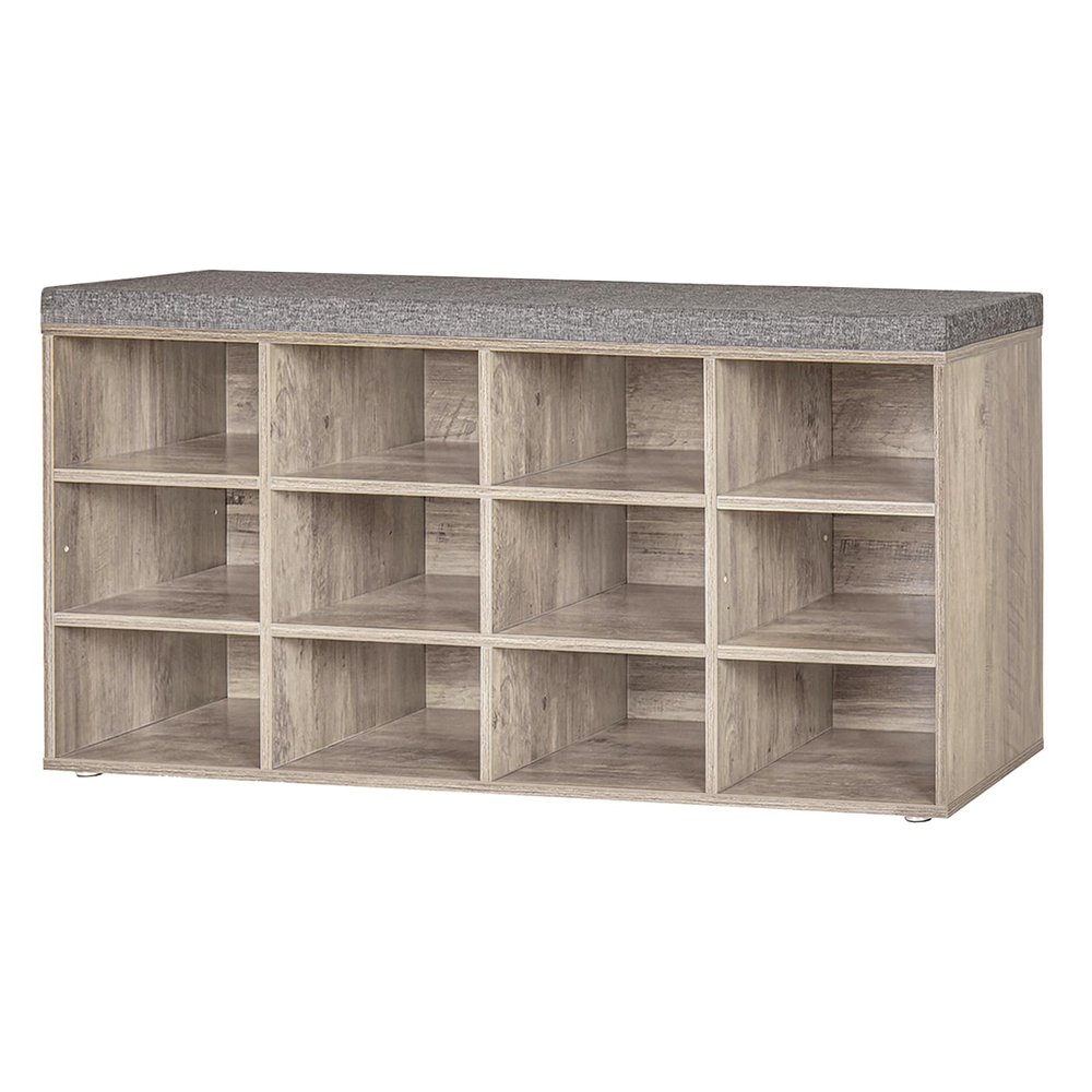 DINZI LVJ Shoe Storage Bench with Cushion, Cubby Rack with 12 Cubbies, Adjustable Shelves, Multifunctional Organizer Bench for Entryway, Mudroom, Hallway, Closet and Garage, Greige